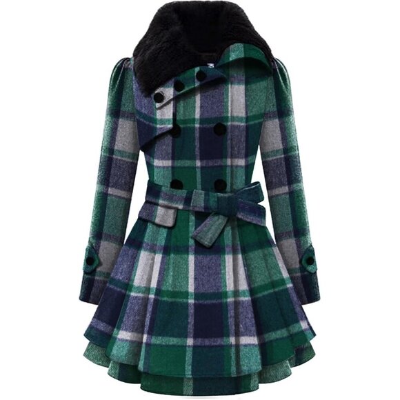 Women's Green Tartan Zeagoo Winter Trench Coat Faux Fur Lapel Double Breasted